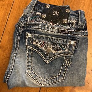 Miss Me Jeans Style #JE8019EC Mid Rise Easy Cropped Embroidered Embellished 24